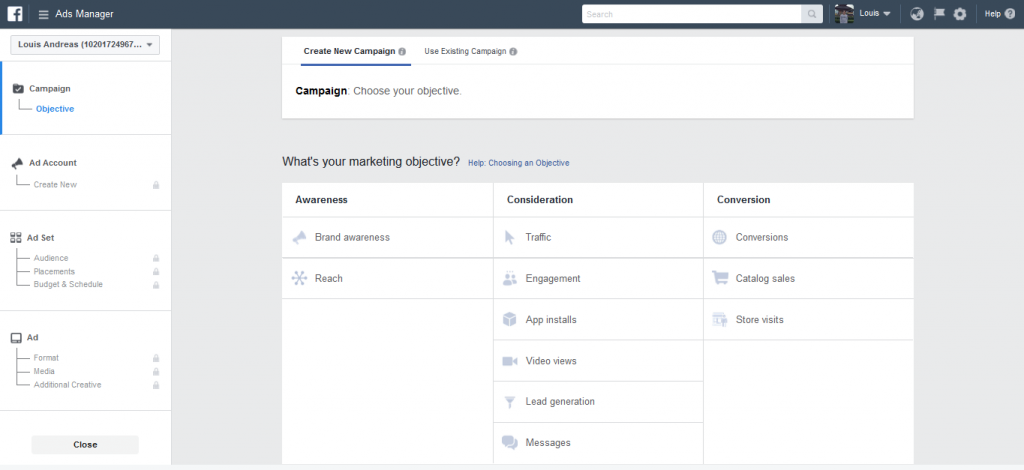 tampilan awal facebook ads
