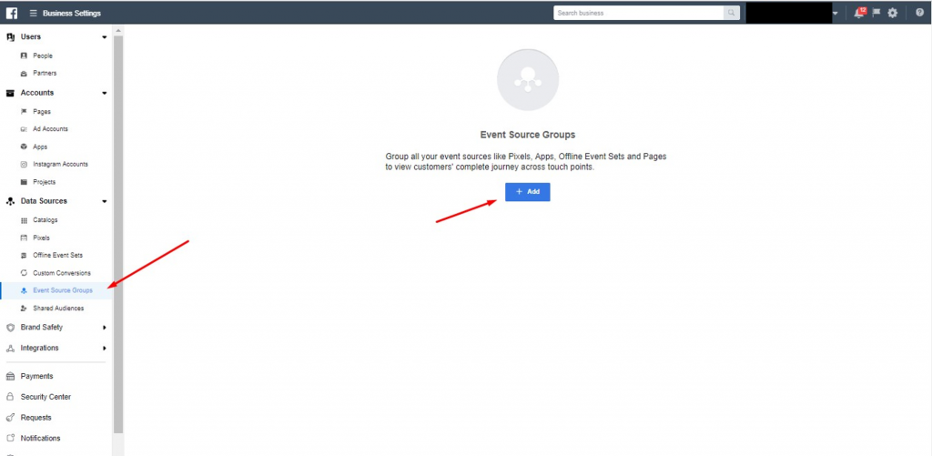 membuat event source group di business settings