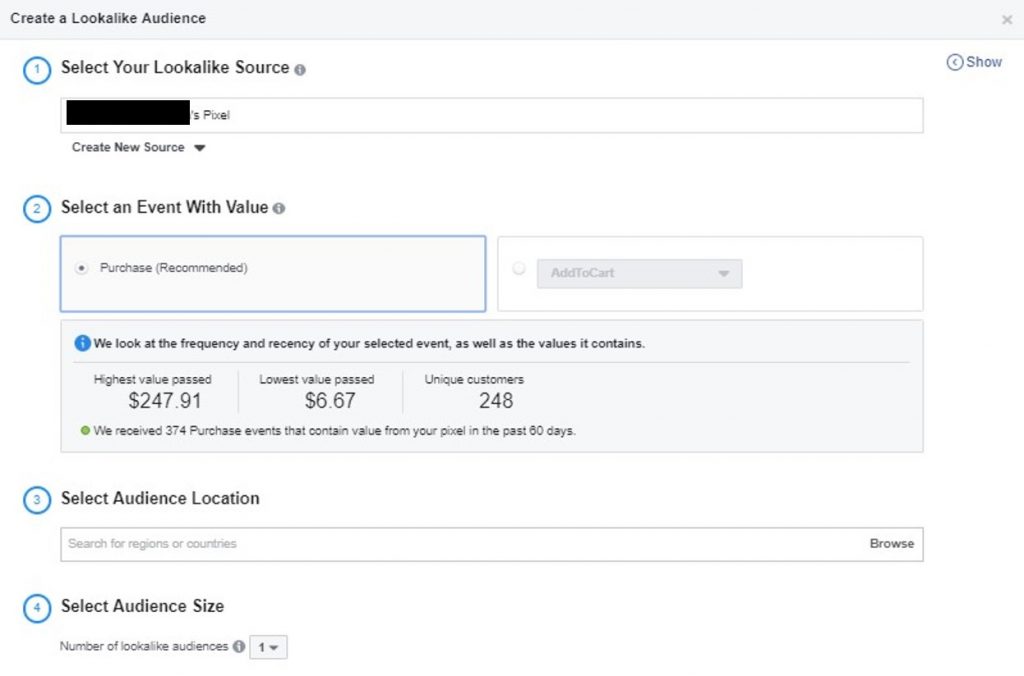 pilih event untuk membuat value based lookalike audience