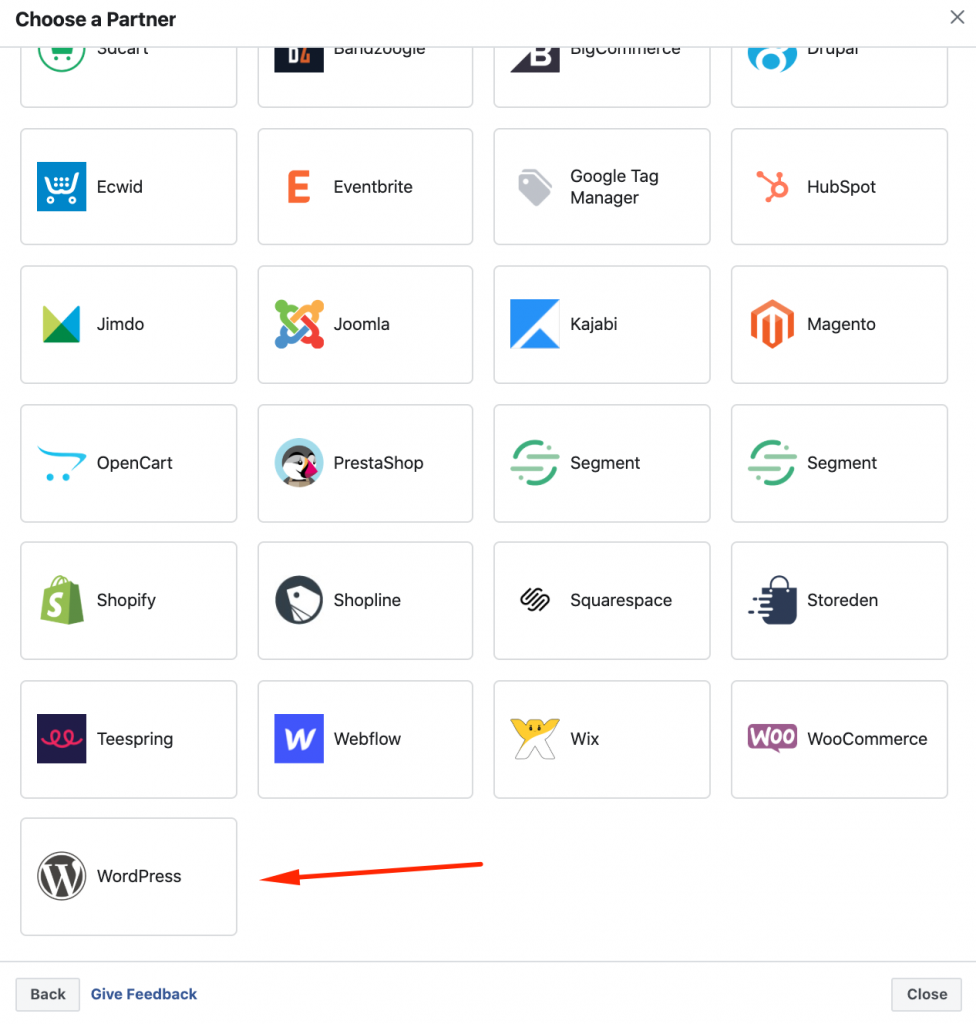 pilih wordpress untuk memasang facebook pixel